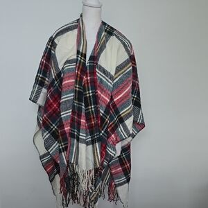 Plaid Fringe Shawl Wrap - Red, Black, White